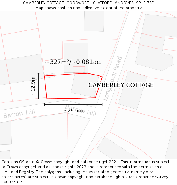 CAMBERLEY COTTAGE, GOODWORTH CLATFORD, ANDOVER, SP11 7RD: Plot and title map