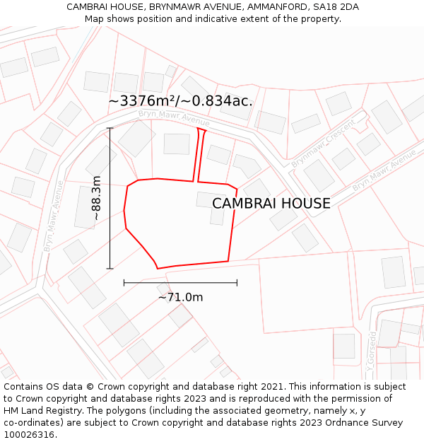 CAMBRAI HOUSE, BRYNMAWR AVENUE, AMMANFORD, SA18 2DA: Plot and title map