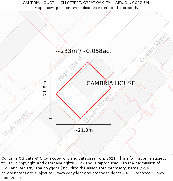 CAMBRIA HOUSE, HIGH STREET, GREAT OAKLEY, HARWICH, CO12 5AH: Plot and title map