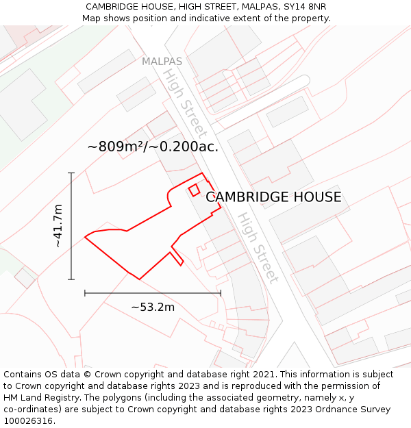 CAMBRIDGE HOUSE, HIGH STREET, MALPAS, SY14 8NR: Plot and title map