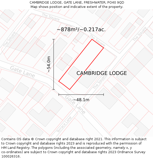 CAMBRIDGE LODGE, GATE LANE, FRESHWATER, PO40 9QD: Plot and title map