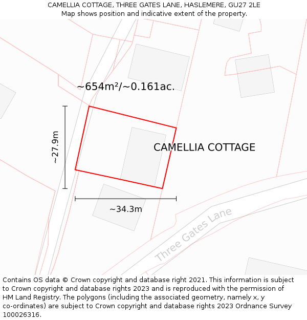 CAMELLIA COTTAGE, THREE GATES LANE, HASLEMERE, GU27 2LE: Plot and title map