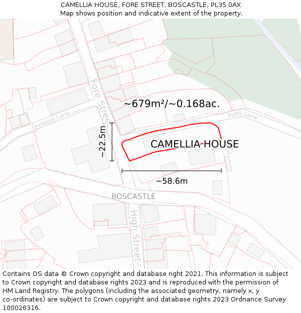 CAMELLIA HOUSE, FORE STREET, BOSCASTLE, PL35 0AX: Plot and title map