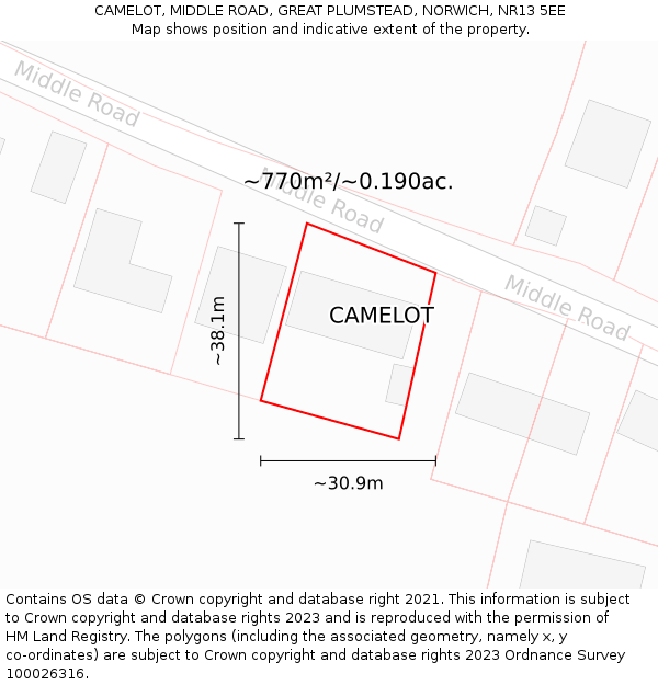 CAMELOT, MIDDLE ROAD, GREAT PLUMSTEAD, NORWICH, NR13 5EE: Plot and title map