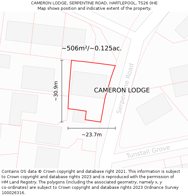 CAMERON LODGE, SERPENTINE ROAD, HARTLEPOOL, TS26 0HE: Plot and title map