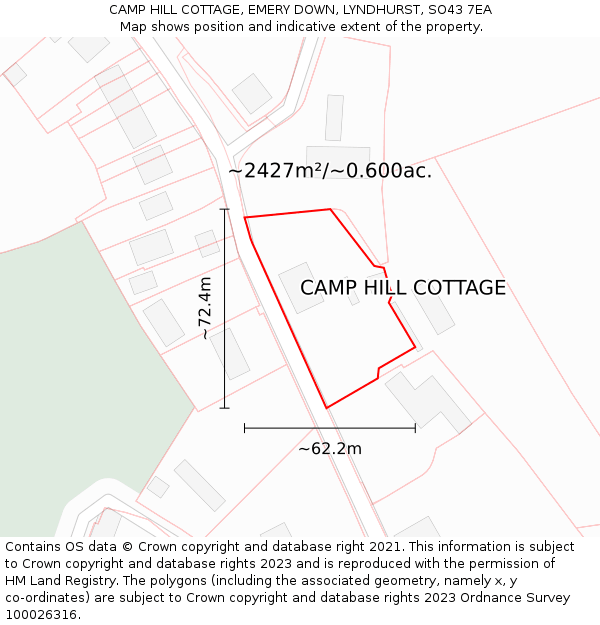 CAMP HILL COTTAGE, EMERY DOWN, LYNDHURST, SO43 7EA: Plot and title map