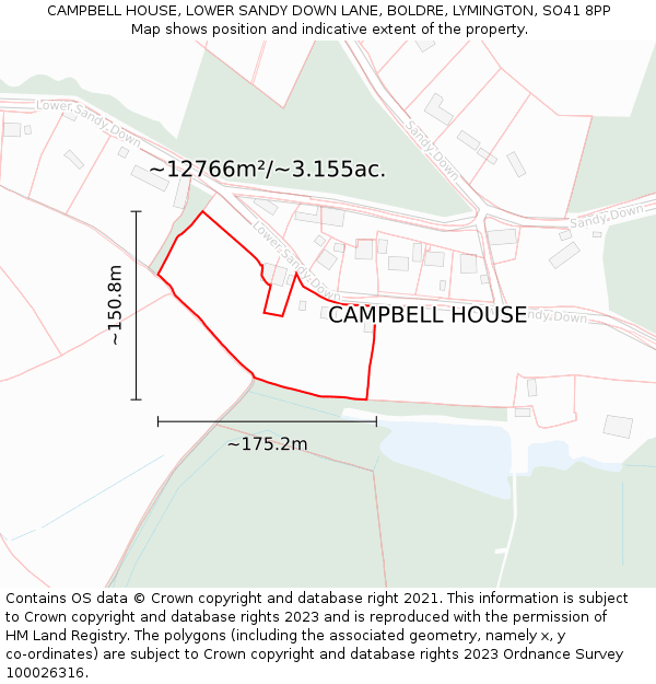 CAMPBELL HOUSE, LOWER SANDY DOWN LANE, BOLDRE, LYMINGTON, SO41 8PP: Plot and title map