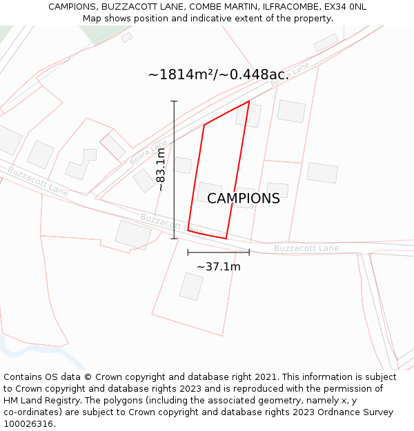 CAMPIONS, BUZZACOTT LANE, COMBE MARTIN, ILFRACOMBE, EX34 0NL: Plot and title map