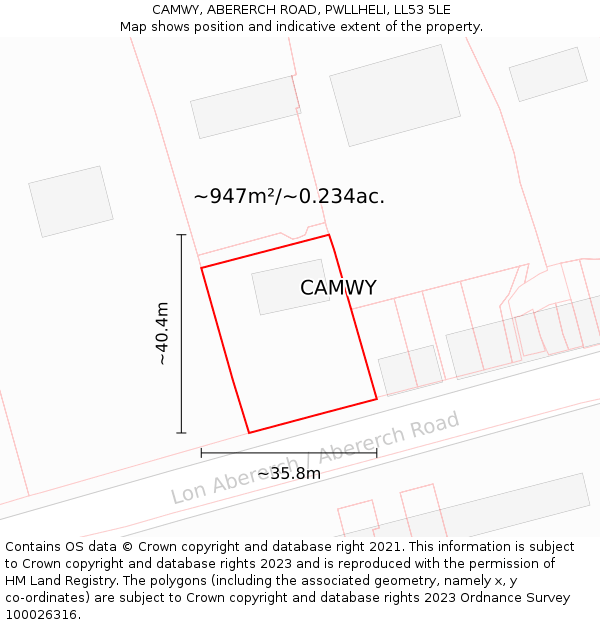 CAMWY, ABERERCH ROAD, PWLLHELI, LL53 5LE: Plot and title map
