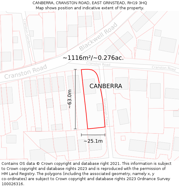 CANBERRA, CRANSTON ROAD, EAST GRINSTEAD, RH19 3HQ: Plot and title map