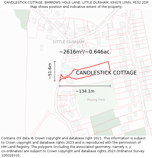 CANDLESTICK COTTAGE, BARROWS HOLE LANE, LITTLE DUNHAM, KING'S LYNN, PE32 2DP: Plot and title map