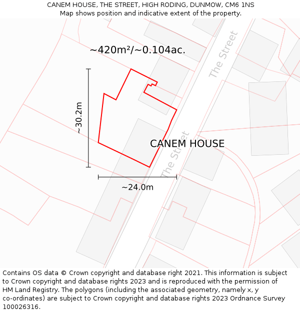 CANEM HOUSE, THE STREET, HIGH RODING, DUNMOW, CM6 1NS: Plot and title map