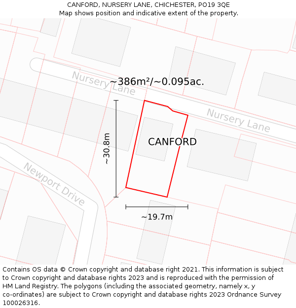 CANFORD, NURSERY LANE, CHICHESTER, PO19 3QE: Plot and title map