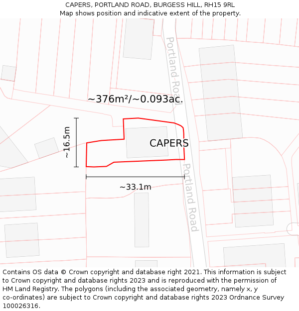 CAPERS, PORTLAND ROAD, BURGESS HILL, RH15 9RL: Plot and title map