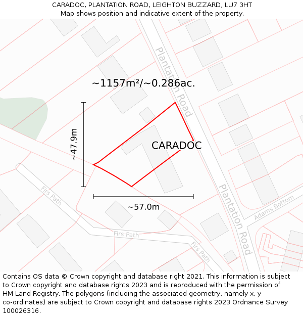 CARADOC, PLANTATION ROAD, LEIGHTON BUZZARD, LU7 3HT: Plot and title map