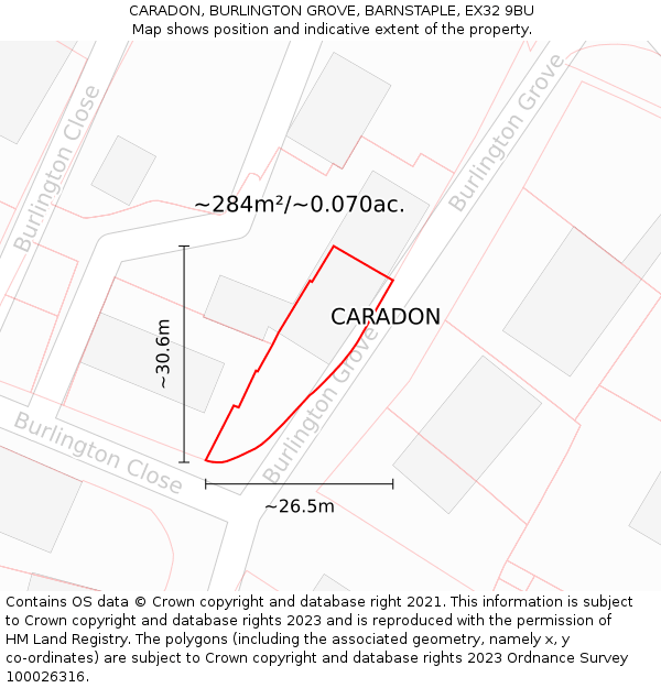 CARADON, BURLINGTON GROVE, BARNSTAPLE, EX32 9BU: Plot and title map