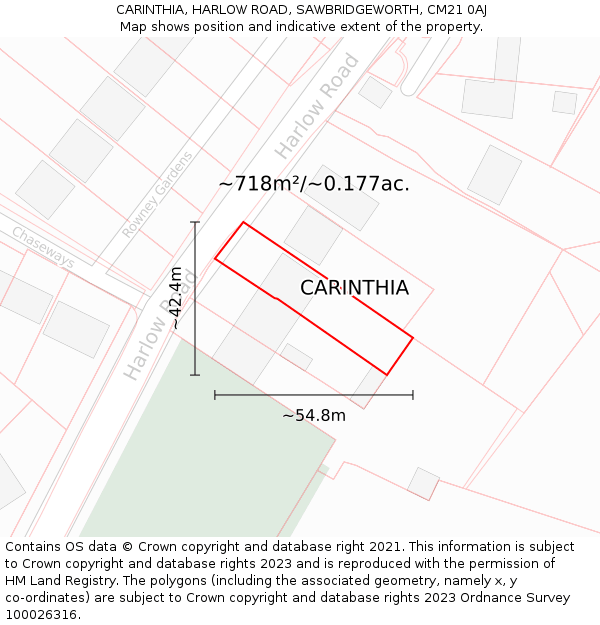 CARINTHIA, HARLOW ROAD, SAWBRIDGEWORTH, CM21 0AJ: Plot and title map