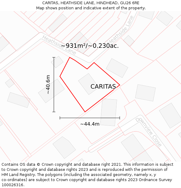 CARITAS, HEATHSIDE LANE, HINDHEAD, GU26 6RE: Plot and title map