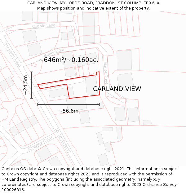 CARLAND VIEW, MY LORDS ROAD, FRADDON, ST COLUMB, TR9 6LX: Plot and title map