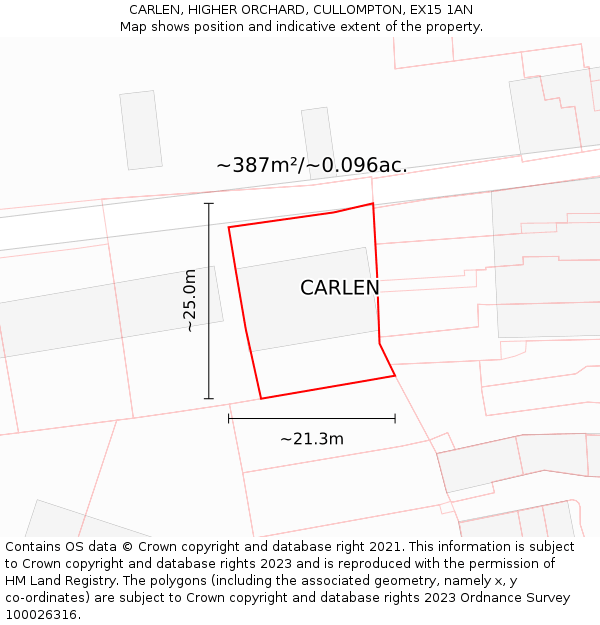 CARLEN, HIGHER ORCHARD, CULLOMPTON, EX15 1AN: Plot and title map