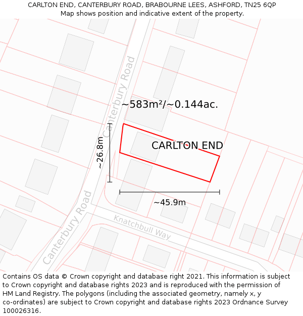 CARLTON END, CANTERBURY ROAD, BRABOURNE LEES, ASHFORD, TN25 6QP: Plot and title map