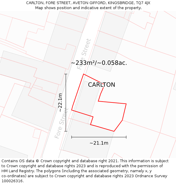 CARLTON, FORE STREET, AVETON GIFFORD, KINGSBRIDGE, TQ7 4JX: Plot and title map