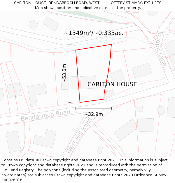 CARLTON HOUSE, BENDARROCH ROAD, WEST HILL, OTTERY ST MARY, EX11 1TS: Plot and title map