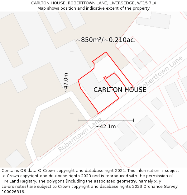 CARLTON HOUSE, ROBERTTOWN LANE, LIVERSEDGE, WF15 7LX: Plot and title map