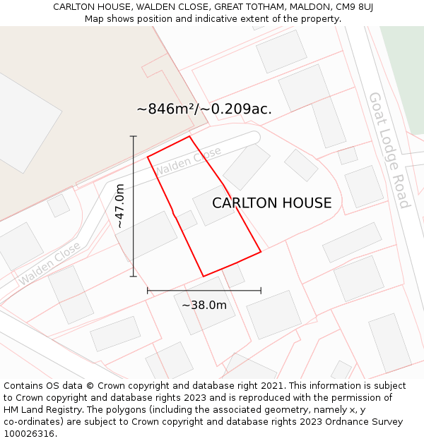 CARLTON HOUSE, WALDEN CLOSE, GREAT TOTHAM, MALDON, CM9 8UJ: Plot and title map