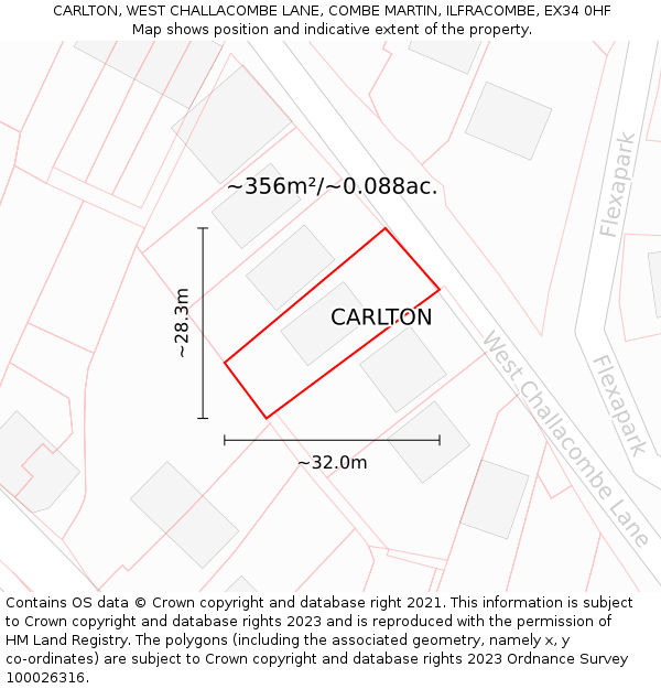 CARLTON, WEST CHALLACOMBE LANE, COMBE MARTIN, ILFRACOMBE, EX34 0HF: Plot and title map