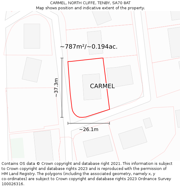 CARMEL, NORTH CLIFFE, TENBY, SA70 8AT: Plot and title map
