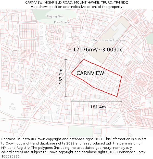 CARNVIEW, HIGHFIELD ROAD, MOUNT HAWKE, TRURO, TR4 8DZ: Plot and title map