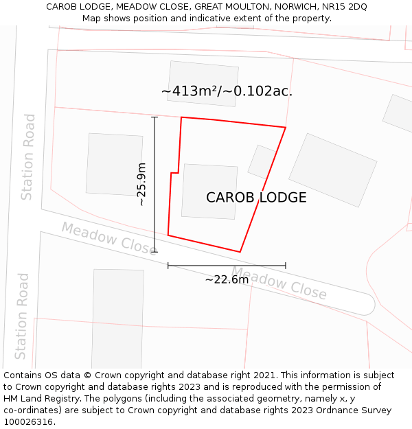 CAROB LODGE, MEADOW CLOSE, GREAT MOULTON, NORWICH, NR15 2DQ: Plot and title map