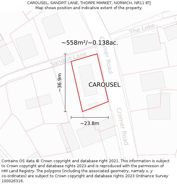 CAROUSEL, SANDPIT LANE, THORPE MARKET, NORWICH, NR11 8TJ: Plot and title map