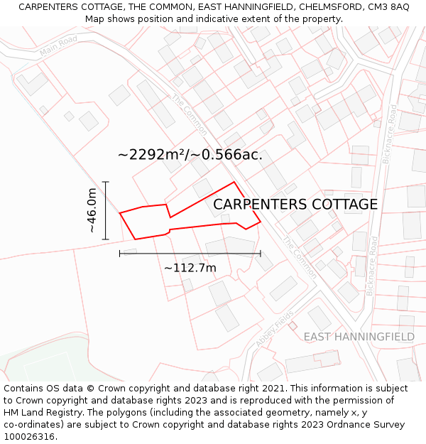 CARPENTERS COTTAGE, THE COMMON, EAST HANNINGFIELD, CHELMSFORD, CM3 8AQ: Plot and title map