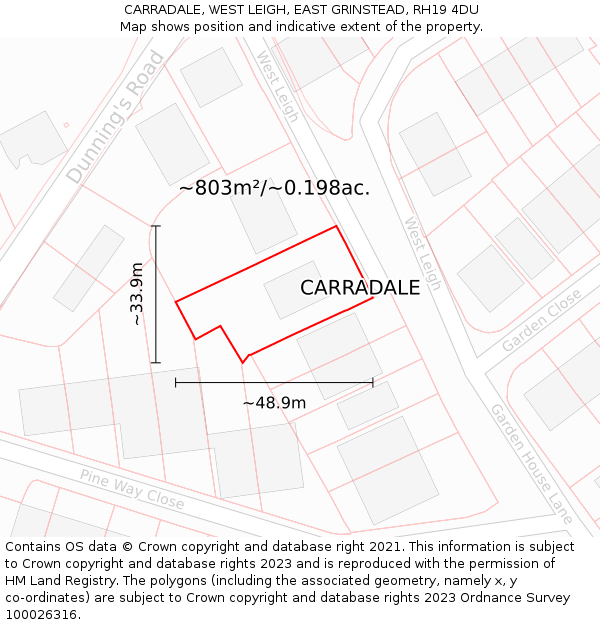 CARRADALE, WEST LEIGH, EAST GRINSTEAD, RH19 4DU: Plot and title map