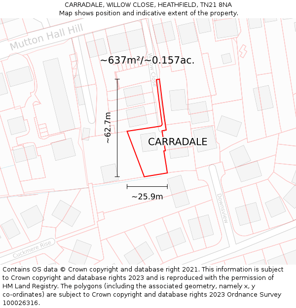 CARRADALE, WILLOW CLOSE, HEATHFIELD, TN21 8NA: Plot and title map