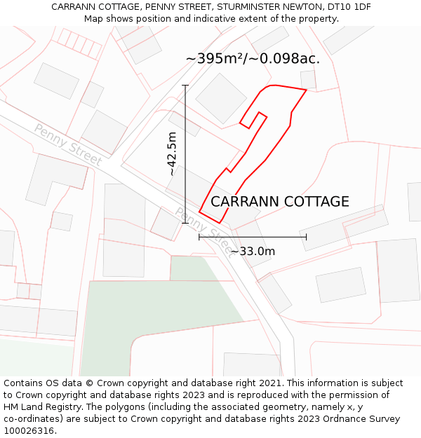 CARRANN COTTAGE, PENNY STREET, STURMINSTER NEWTON, DT10 1DF: Plot and title map
