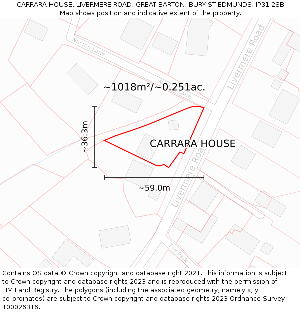 CARRARA HOUSE, LIVERMERE ROAD, GREAT BARTON, BURY ST EDMUNDS, IP31 2SB: Plot and title map