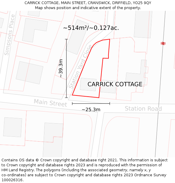 CARRICK COTTAGE, MAIN STREET, CRANSWICK, DRIFFIELD, YO25 9QY: Plot and title map