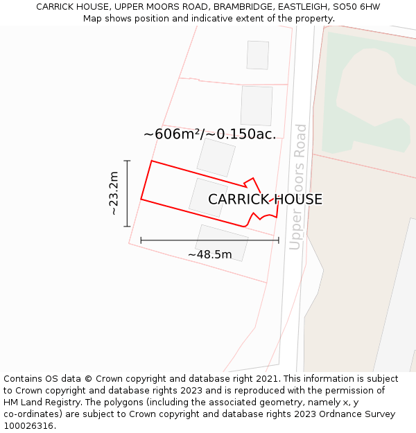 CARRICK HOUSE, UPPER MOORS ROAD, BRAMBRIDGE, EASTLEIGH, SO50 6HW: Plot and title map