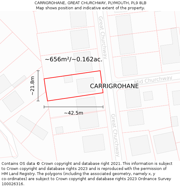 CARRIGROHANE, GREAT CHURCHWAY, PLYMOUTH, PL9 8LB: Plot and title map