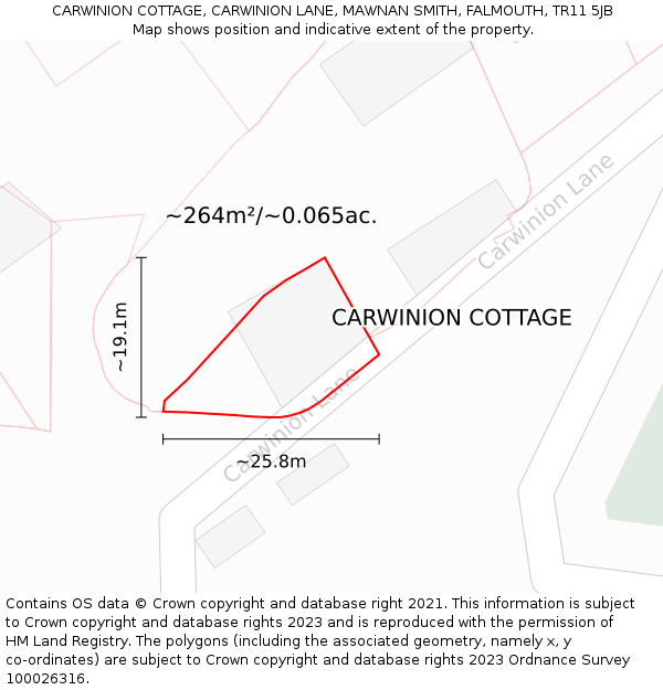 CARWINION COTTAGE, CARWINION LANE, MAWNAN SMITH, FALMOUTH, TR11 5JB: Plot and title map