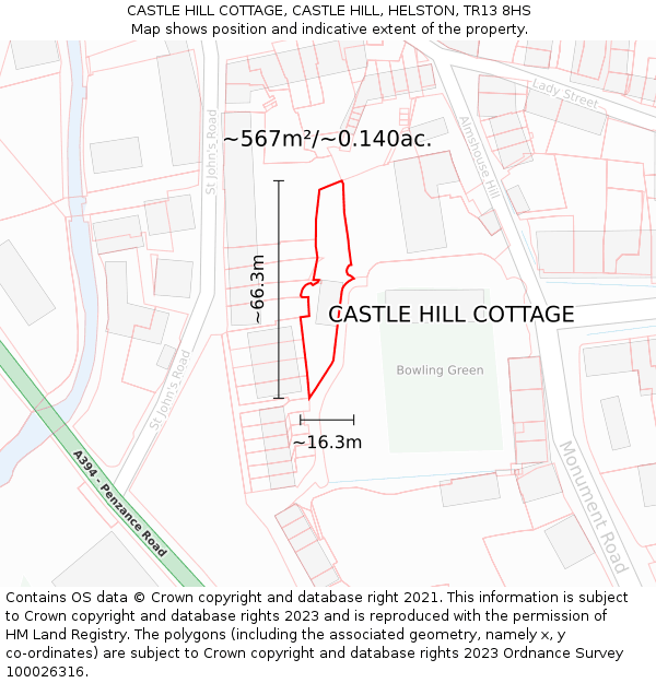 CASTLE HILL COTTAGE, CASTLE HILL, HELSTON, TR13 8HS: Plot and title map