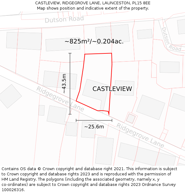 CASTLEVIEW, RIDGEGROVE LANE, LAUNCESTON, PL15 8EE: Plot and title map
