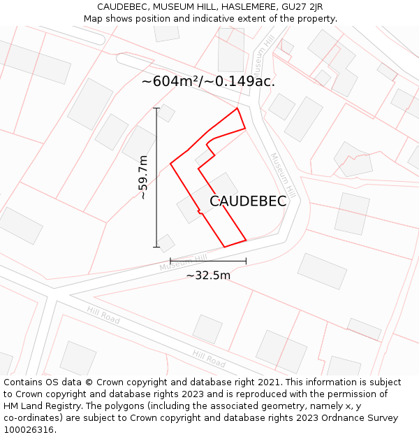 CAUDEBEC, MUSEUM HILL, HASLEMERE, GU27 2JR: Plot and title map