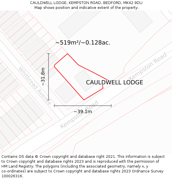 CAULDWELL LODGE, KEMPSTON ROAD, BEDFORD, MK42 9DU: Plot and title map