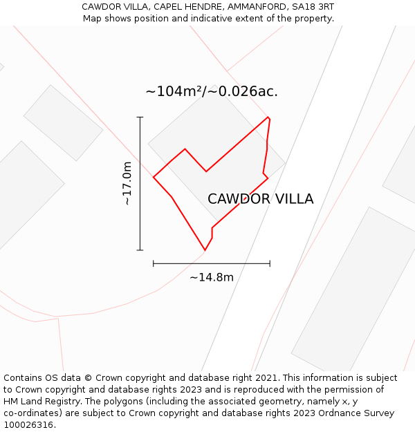 CAWDOR VILLA, CAPEL HENDRE, AMMANFORD, SA18 3RT: Plot and title map