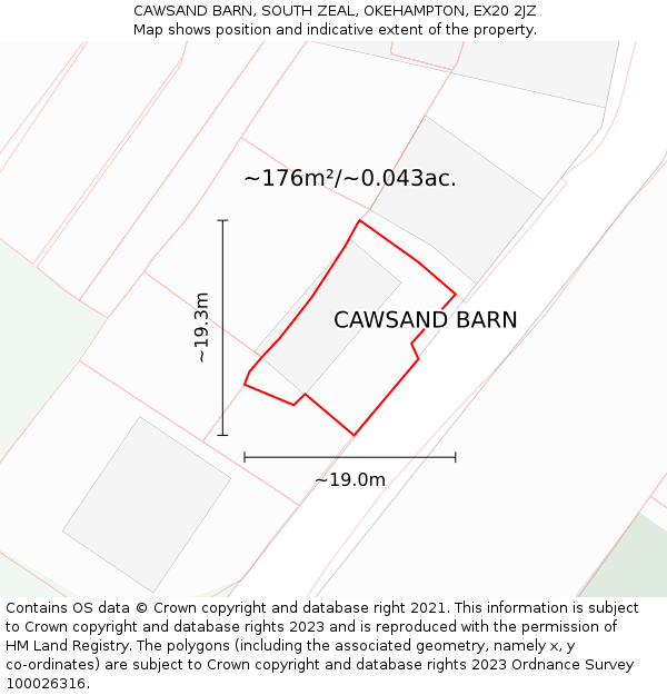 CAWSAND BARN, SOUTH ZEAL, OKEHAMPTON, EX20 2JZ: Plot and title map