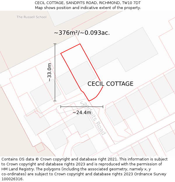CECIL COTTAGE, SANDPITS ROAD, RICHMOND, TW10 7DT: Plot and title map